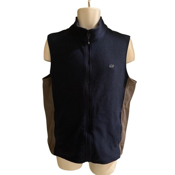 Vineyard Vines Men's M Navy Fleece Full Zip Vest Jacket Gray Side Panels - Picture 1 of 5